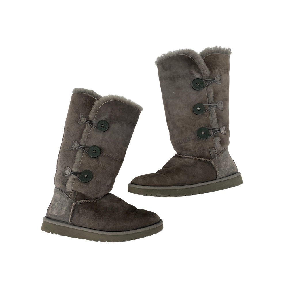 UGG Bailey Button Triplet Women Size 9 Grey Shearling Suede Tall Boots 1873